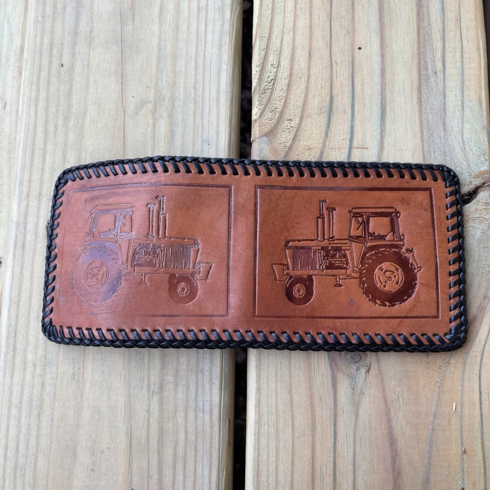 Vintage Leather Wallet Whipstitch Bifold Hand Tooled USA Made Tractor Farmer
